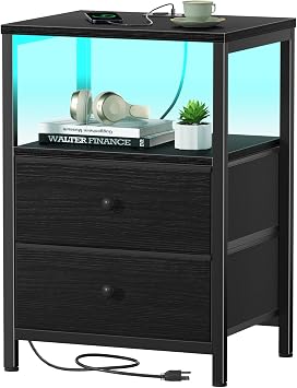 BOLUO Black Nightstand with Charging Station, LED Night Stand with 2 Fabric Drawers, Bedside Table with USB Ports and Outlets, Nightstand for Bedroom Modern