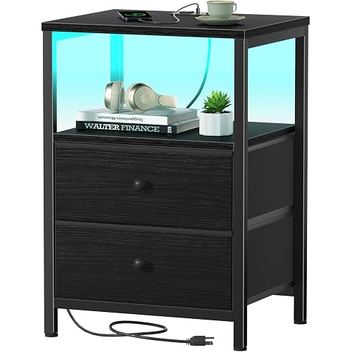 BOLUO Black Nightstand with Charging Station, LED Night Stand with 2 Fabric Drawers, Bedside Table with USB Ports and Outlets, Nightstand for Bedroom Modern