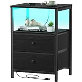 BOLUO Black Nightstand with Charging Station&comma; LED Night Stand with 2 Fabric Drawers&comma; Bedside Table with USB Ports and Outlets&comma; Nightstand for Bedroom Modern