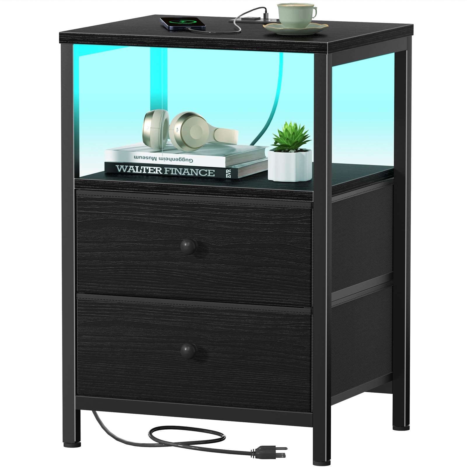 Photo 1 of ****Parts only****

BOLUO Black Nightstand with Charging Station, LED Night Stand with 2 Fabric Drawers, Bedside Table with USB Ports and Outlets, Nightstand for Bedroom Modern