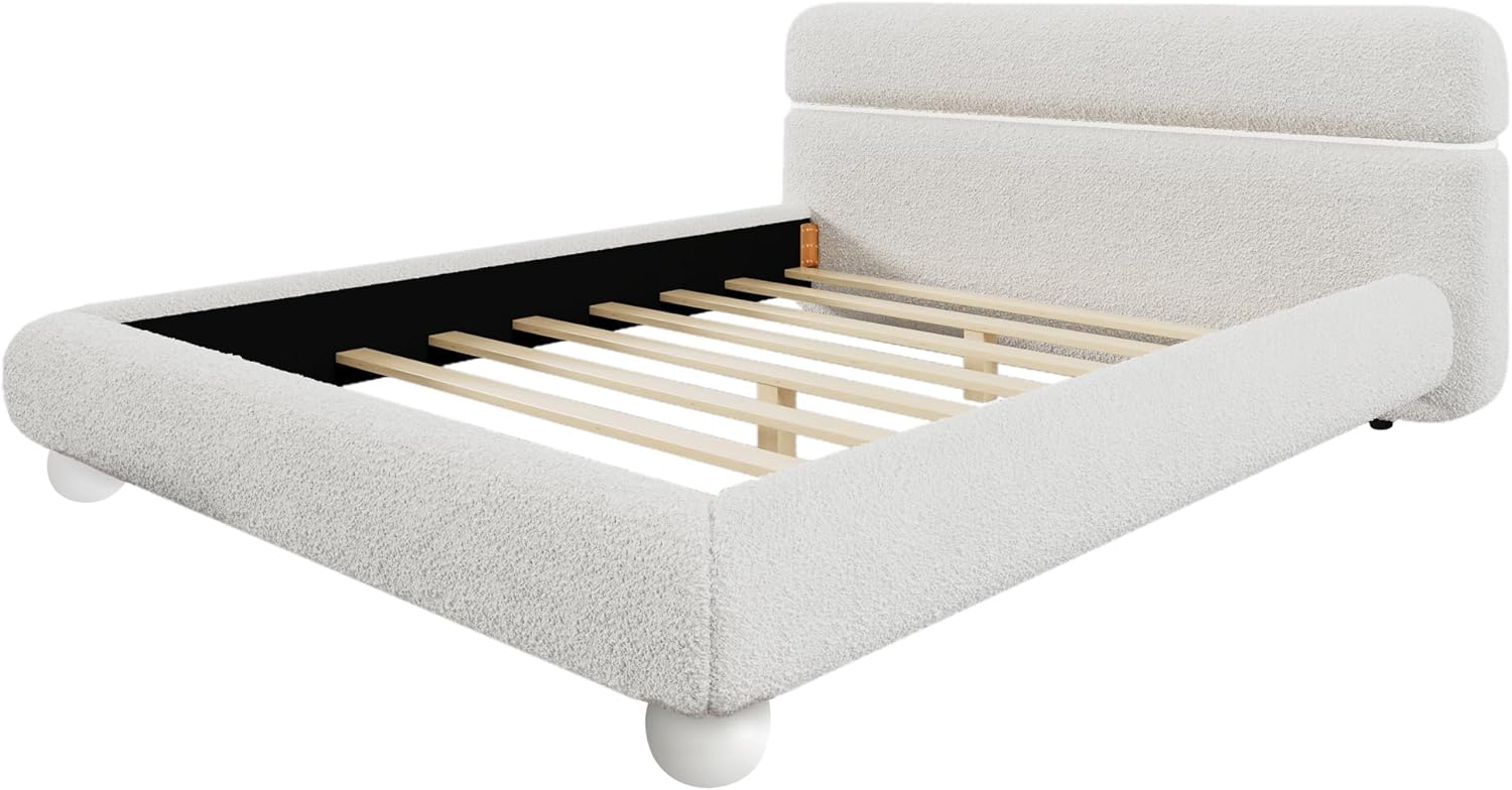 SOFTSEA Queen Size Teddy Fleece Boucle Bed Frame, Upholstered Platform Bed with Curved Headboard, Soft Rounded Corners, Low Profile Bed Frame, No Box Spring Required, Easy Assembly, White