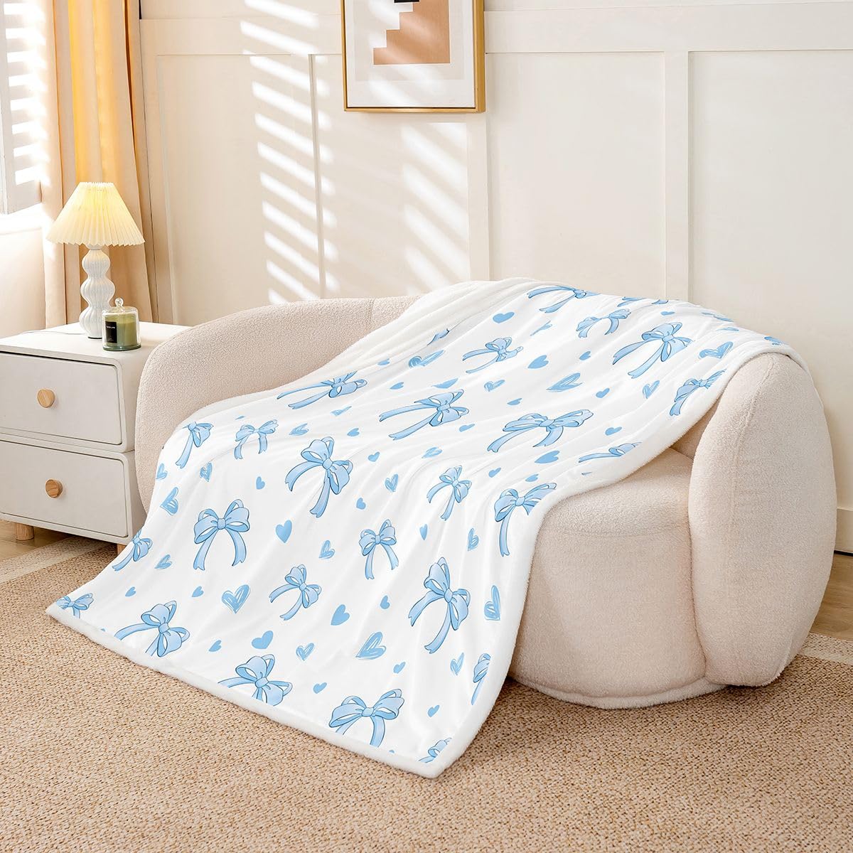 Homewish Dreamy Blue Kawaii kokarda szerpa koc puszysty pluszowa kokardka wstążka księżniczka polarowy koc - miłość serca dekoracja na łóżko kanapę Twin 152 cm x 203 cm