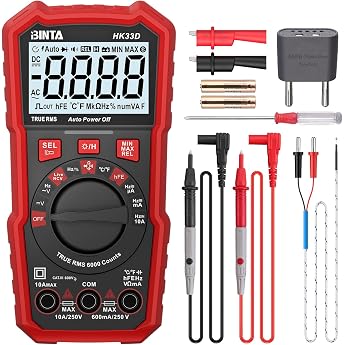 BINTA Digital Multimeter Auto Range 6000 Count AC/DC Voltage and Current Resistance Capacitance Frequency Temperature Continuity Diode Tests NCV Live HFE with LCD Display and Backlight