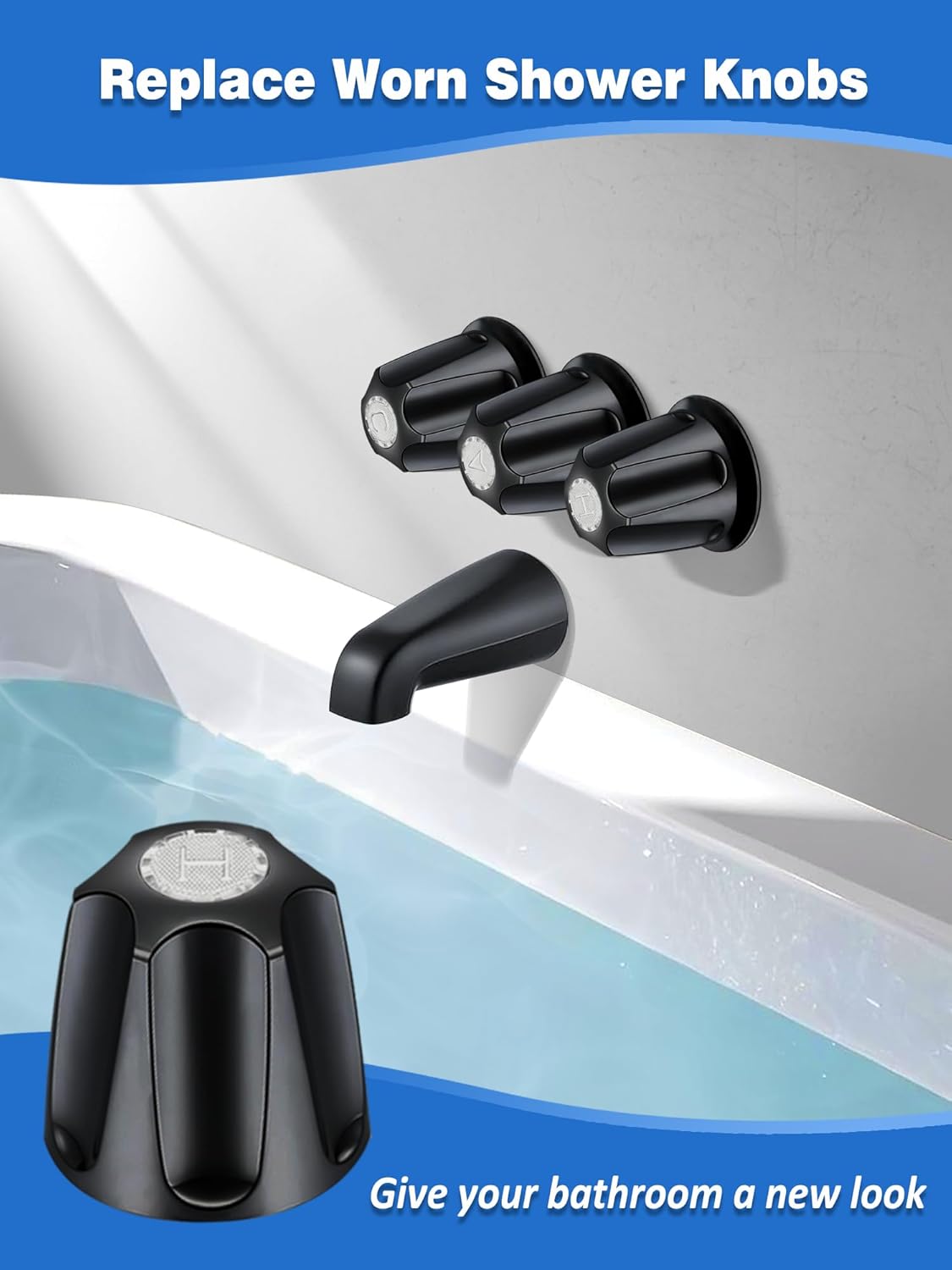 3 PCS Metal Shower Knob Replacement, Tub Faucet Handle with Hot/Cold/Diverter/Flange Base, Bathtub Knob Compatible with Price Pfister Verve Fits 5-1/2''H,12 Tooth Broach Stem (Black)