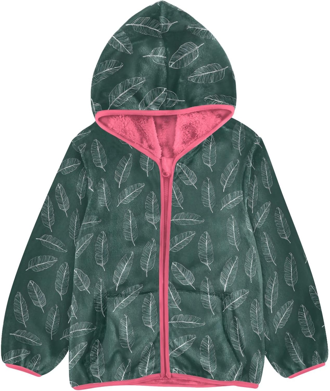 Girls Hoodie Outfit White Lines on A Dark Green Pattern Zipper Sweatshirt Coat Fleece Jacket for Kids 3-10T