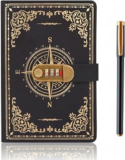 SIMDAO A5 Tagebuch mit Schloss – Vintage-Leder-Notizbuch mit Kompass-Design, 200 linierte Seiten, inkl. Stift – Geheimtagebuch mit Zahlenschloss – Abschließbares Journal für Männer & Frauen