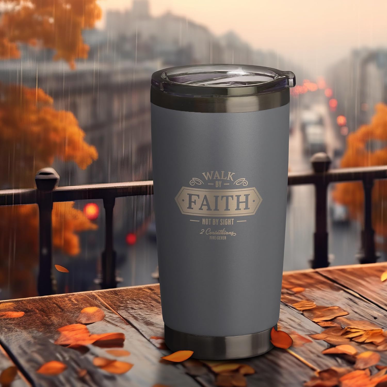 Christian Art Gifts Stainless Steel Double Wall Vacuum Insulated Travel Mug 18 oz Gray Bible Verse Tumbler with Retractable Lid for Men & Women - Walk by Faith - 2 Corinthian 5:7