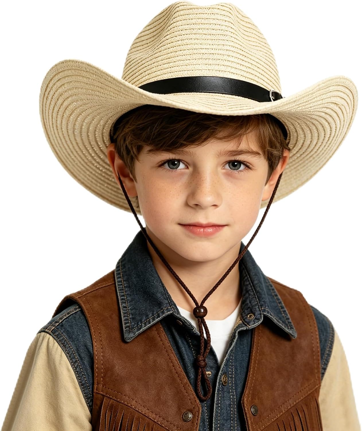 Kids Straw Cowboy Hat - Wide Brim Sun Straw Hat with Leather Band Adjustable Sun Protection Beach Cap for Kid 3-6 Years