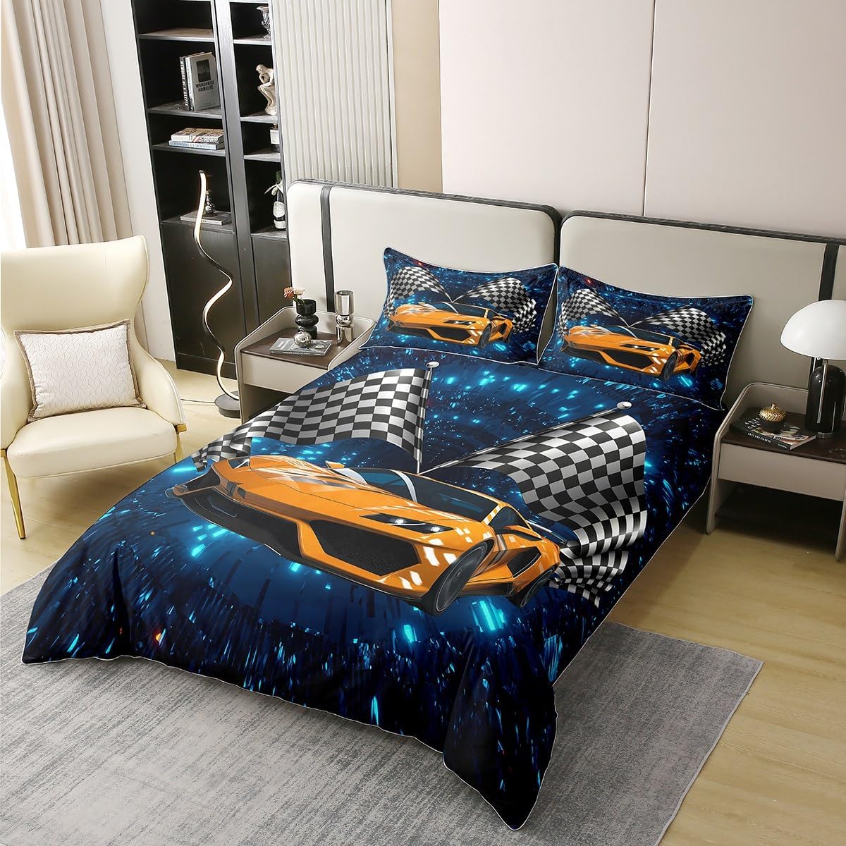 Kids Sports Car 100% Cotton Duvet Cover Sets Twin Size,2 Piece Race Car Bedding Set With 1 Pillowcase For Teens Boys Girls Bedroom Decor,Black White Check Flag Comforter Cover,Glowing Neon Bed Sets