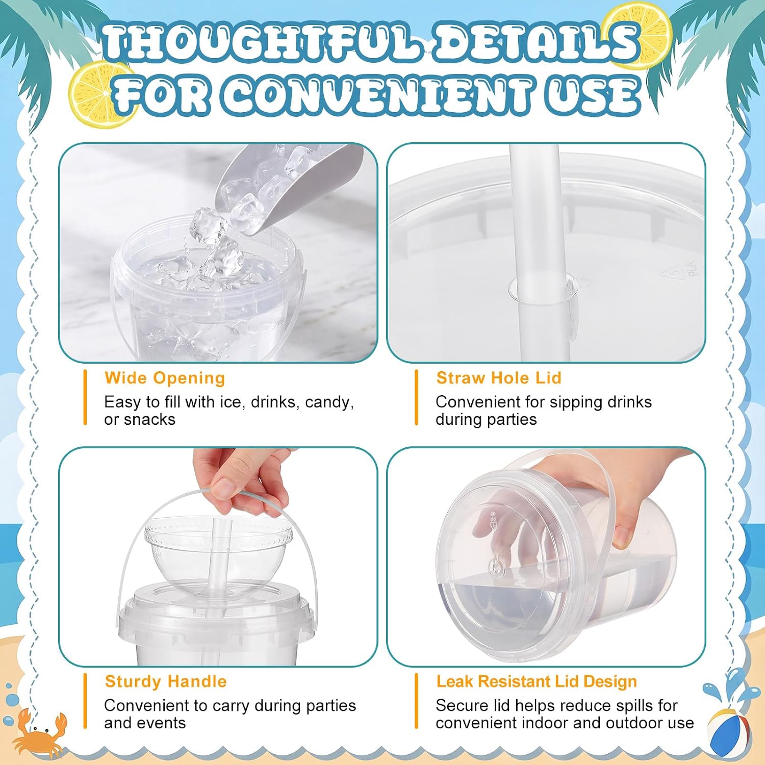 24 Pack 34 oz Plastic Drink Bucket with Snack Bowl on Top Reusable Beverage Cocktail Cup Punch Bowls with Handle Lid Straw Food Container for Bar Supplies Party Favors image 3