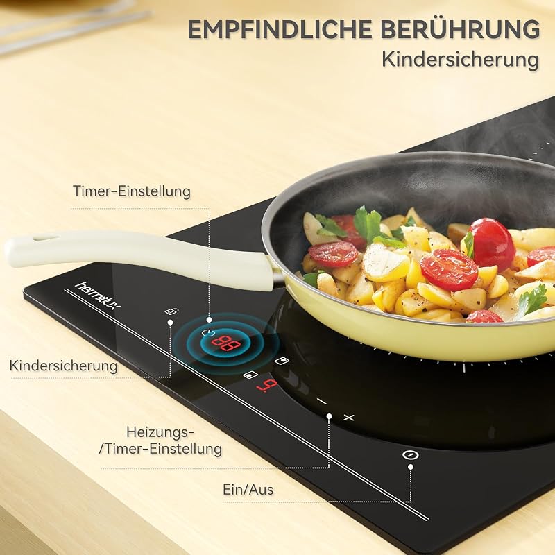 Hermitlux Beépíthető Kerámia Főzőlap - 29 cm Fekete Üveg, 2 Zónás, 3300W, Érintőszenzoros Vezérlés, Gyerekzár, Időzítő, Kompakt