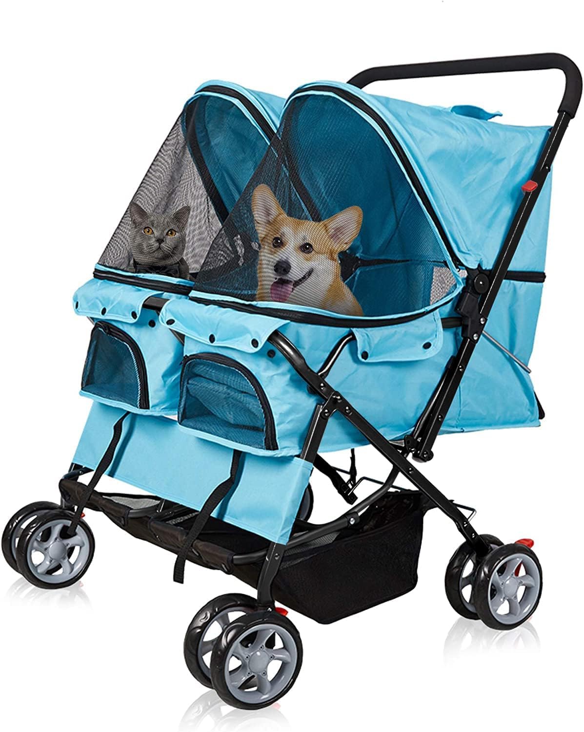 Folding Pet Stroller Twin Walk Jogger Travel Pet Carriage Cart with Storage Puppy Dog Cat Small Animals Travel Strollers with 360 Rotating Front Wheel,Blue