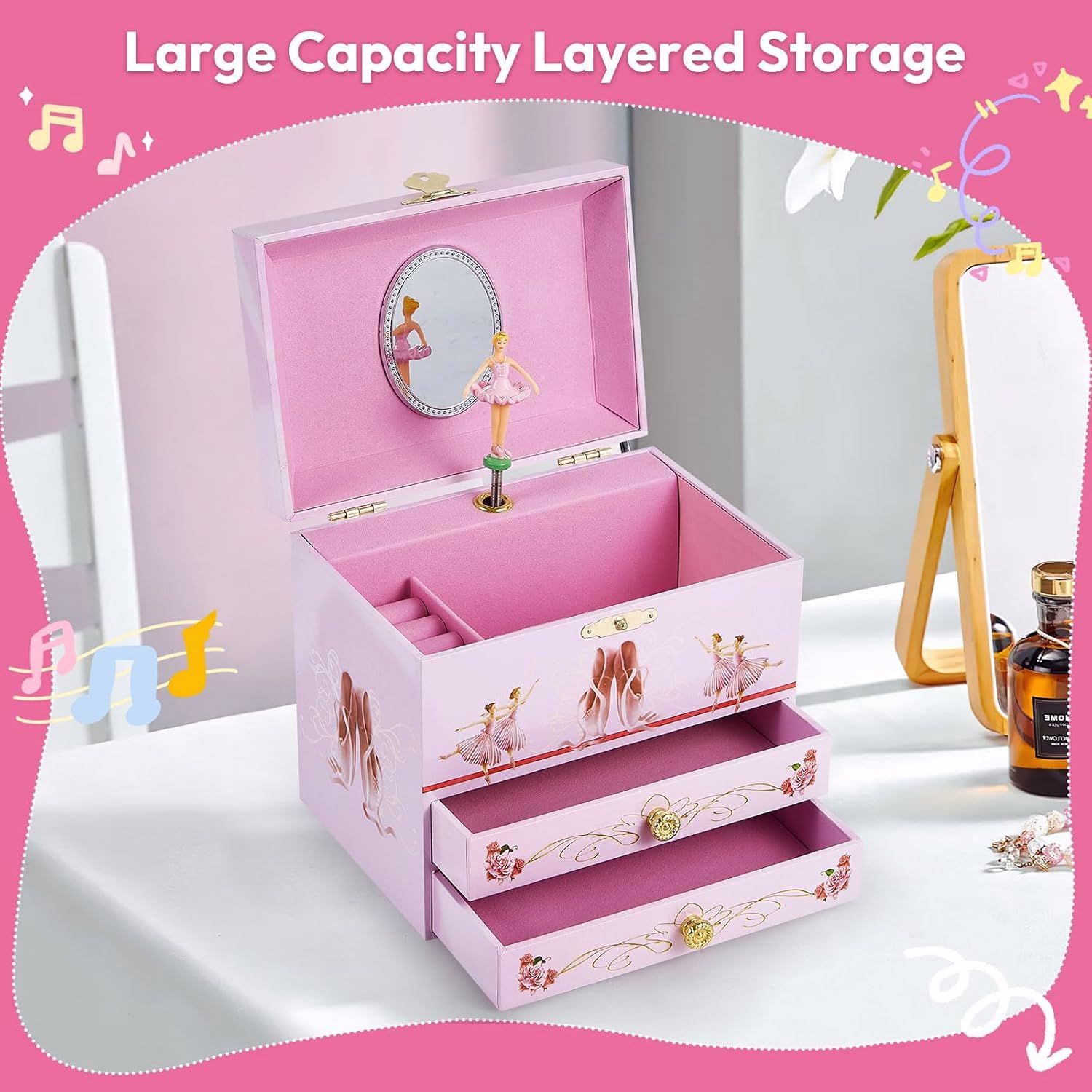 Joyero musical para niñas con 2 cajones, caja de música de regalo para niñas con bailarina giratoria para edades de 3 a 12 años, almacenamiento de joyas para niños