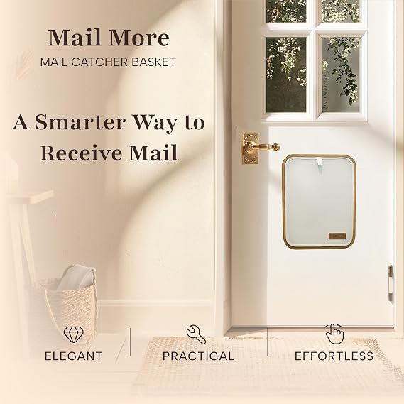 Letter Catcher for Front Door, Bamboo Mail Holder for Letterbox, No Drill Hook Over or Double-Sided Tape Installation, Indoor Mail Organiser for uPVC, Wooden & Composite Doors - White