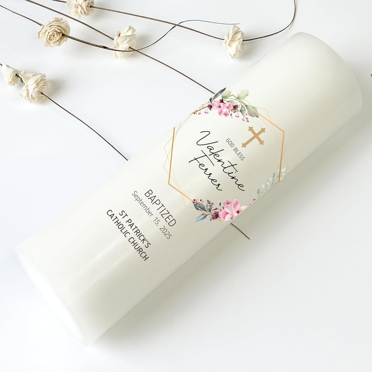 Baptism Pillar Candle, Custom and Personalized Pillar Candles, Unscented White Premium Wax, Great for Religious Celebration, Christening, Special Events or Gift (Rosie)