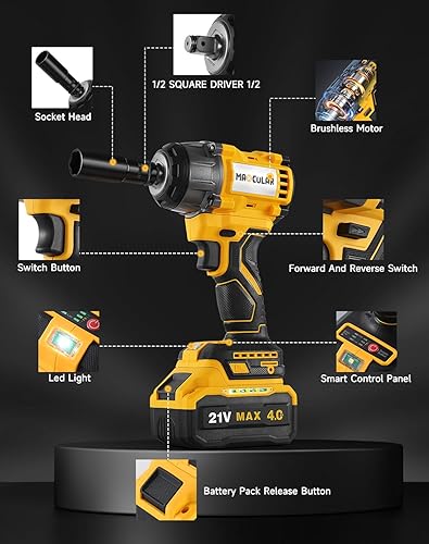 Miniatura 8 de Llave de impacto inalámbrica de 479 pies-libras (650 N.m) de alto par, pistola de impacto de 12 pulgada, llave de impacto eléctrica sin escobillas