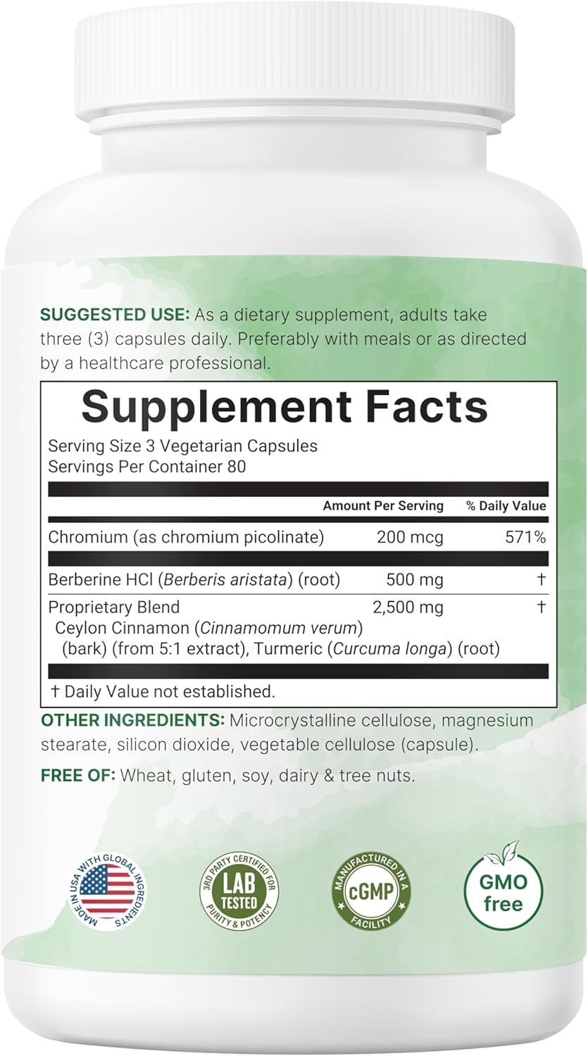 Berberine with Ceylon Cinnamon, Chromium, & Turmeric, 240 Veggie Capsules | Berberine HCl Supplement + Turmeric Root & Cinnamon Bark Extract | Non-GMO, Gluten Free - Image 6