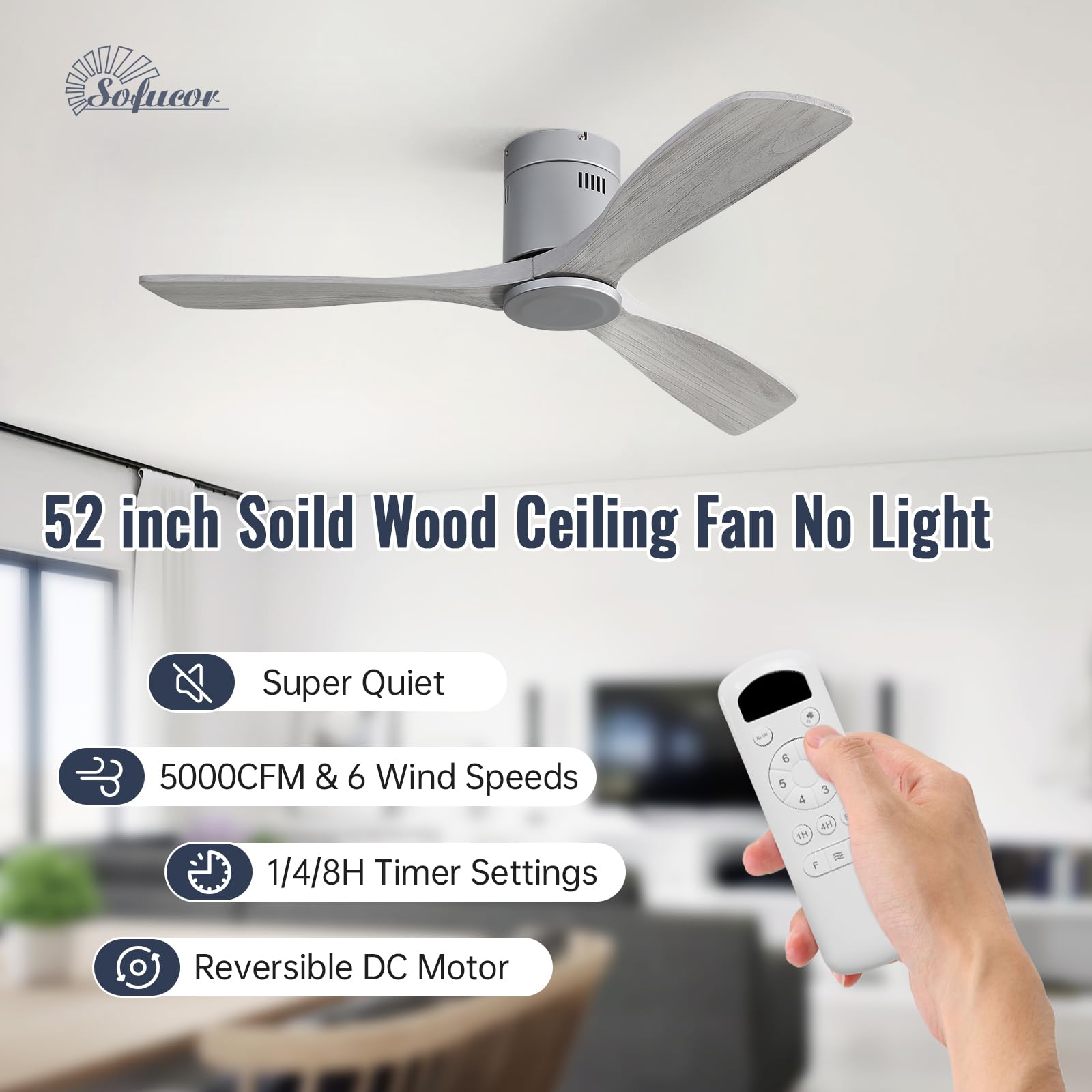 Sofucor Ventilateur de Plafond avec Télécommande, 132 cm, Bois Massif, 3 Pales, Télécommande, 6 Vitesses, Moteur DC Silencieux, Minuterie pour Chambre