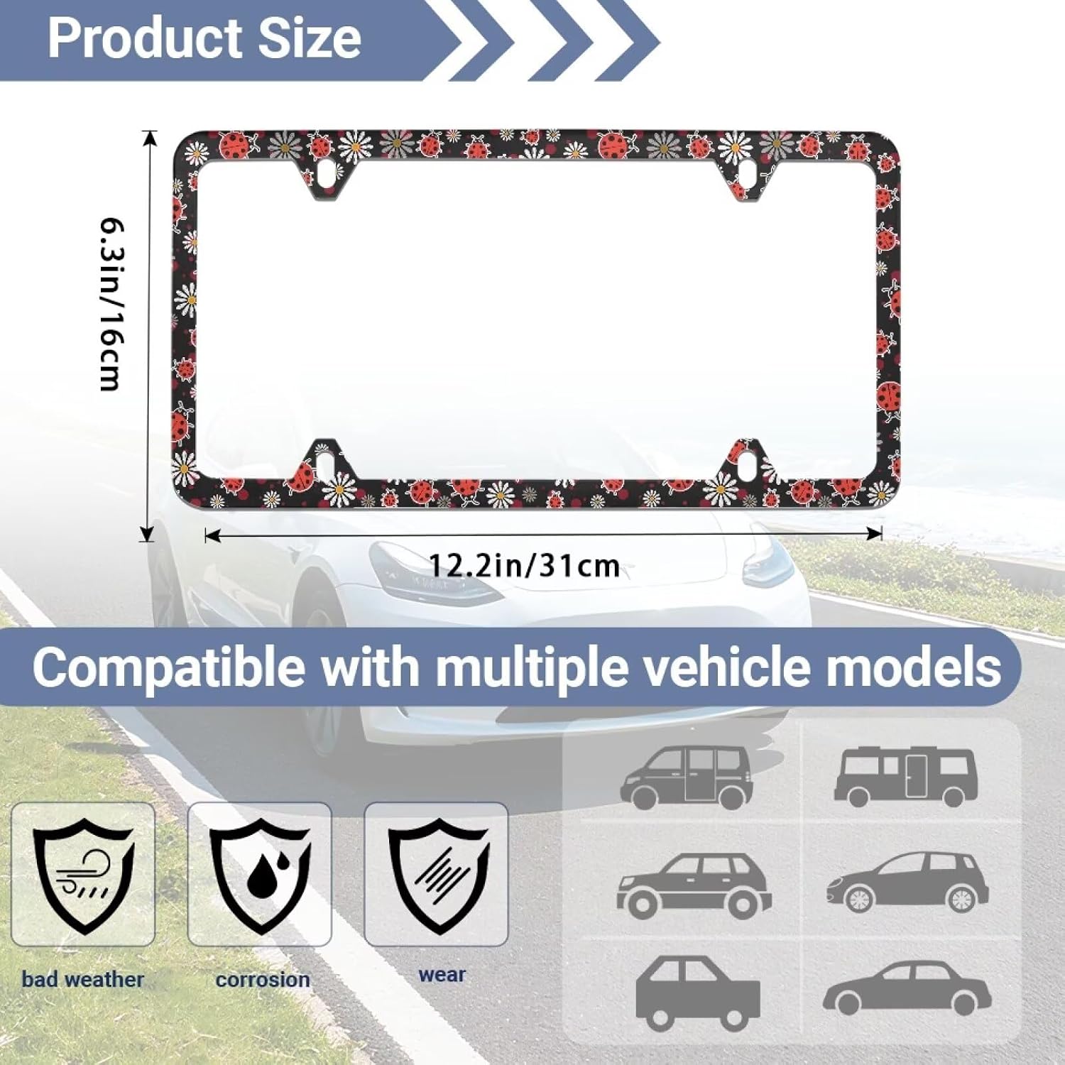 Cute Ladybug License Plate Frame Holder 2 Pack Solid Rust-Proof with Screw Caps (4 Holes) Easy Installation Car Accessories Decoration for Standard US Vehicles