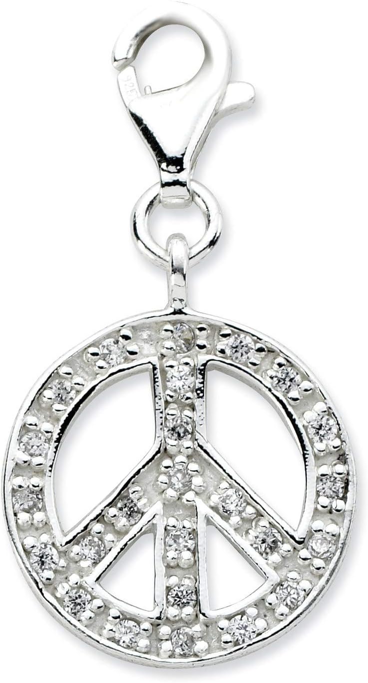 Sterling Silver Peace Sign Charm Pendant with Clear Cubic Zirconia, Boho Pendant Design with Lobster Clasp, Unisex Silver Symbol for Necklace or Bracelet, Spiritual Jewelry Accessory for Women