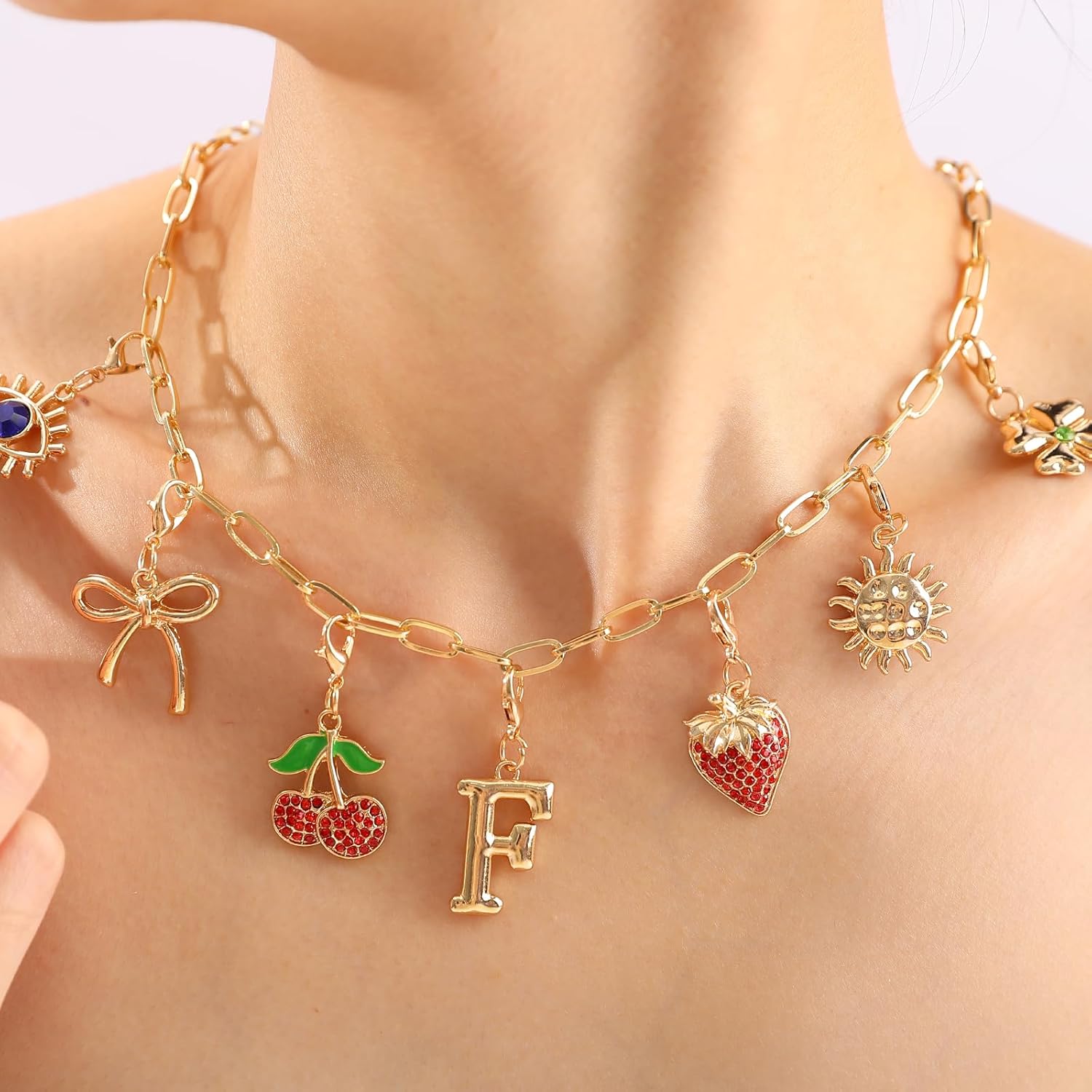Initial Charm Necklace for Women, Evil Eye Four-Leaf Clover Sun Bow Cherry Strawberry Removable Charms Necklace Paper Clip Chain Choker, Trendy Jewelry Birthday Christmas Gifts for Her (Letter F ) - Image 2