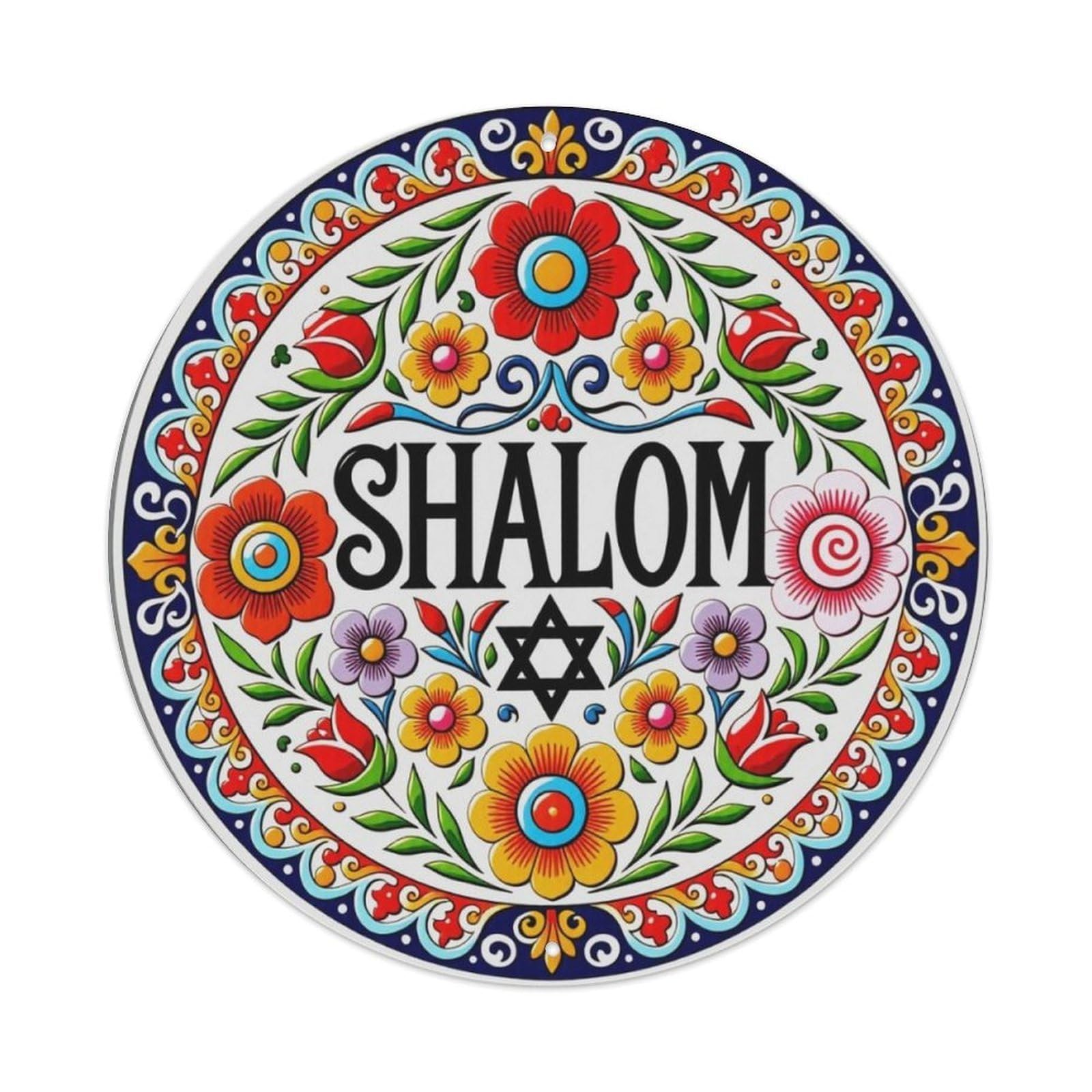 Shalom Star of David Folk Floral Round Metal Sign Vintage Aluminium Metal Sign, Retro Wall Decor for Home, Bar, Garage & Farmhouse 20x20cm