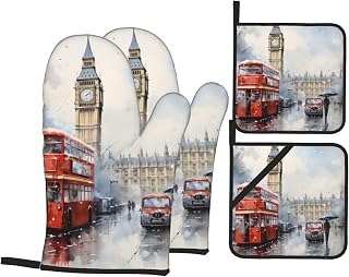 London Big Ben Oven Mitts and Pot Holders Sets,Watercolor City Kitchen Gloves Oven & Potholders, Heat Resistant Hot Pads and Oven Mittens for Cooking BBQ Baking