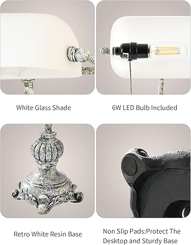 Miniatura 6 de Newrays Lámpara de escritorio retro de cristal mate blanco mate para oficina en casa, biblioteca con interruptor de cadena de tirón, enchufe en el