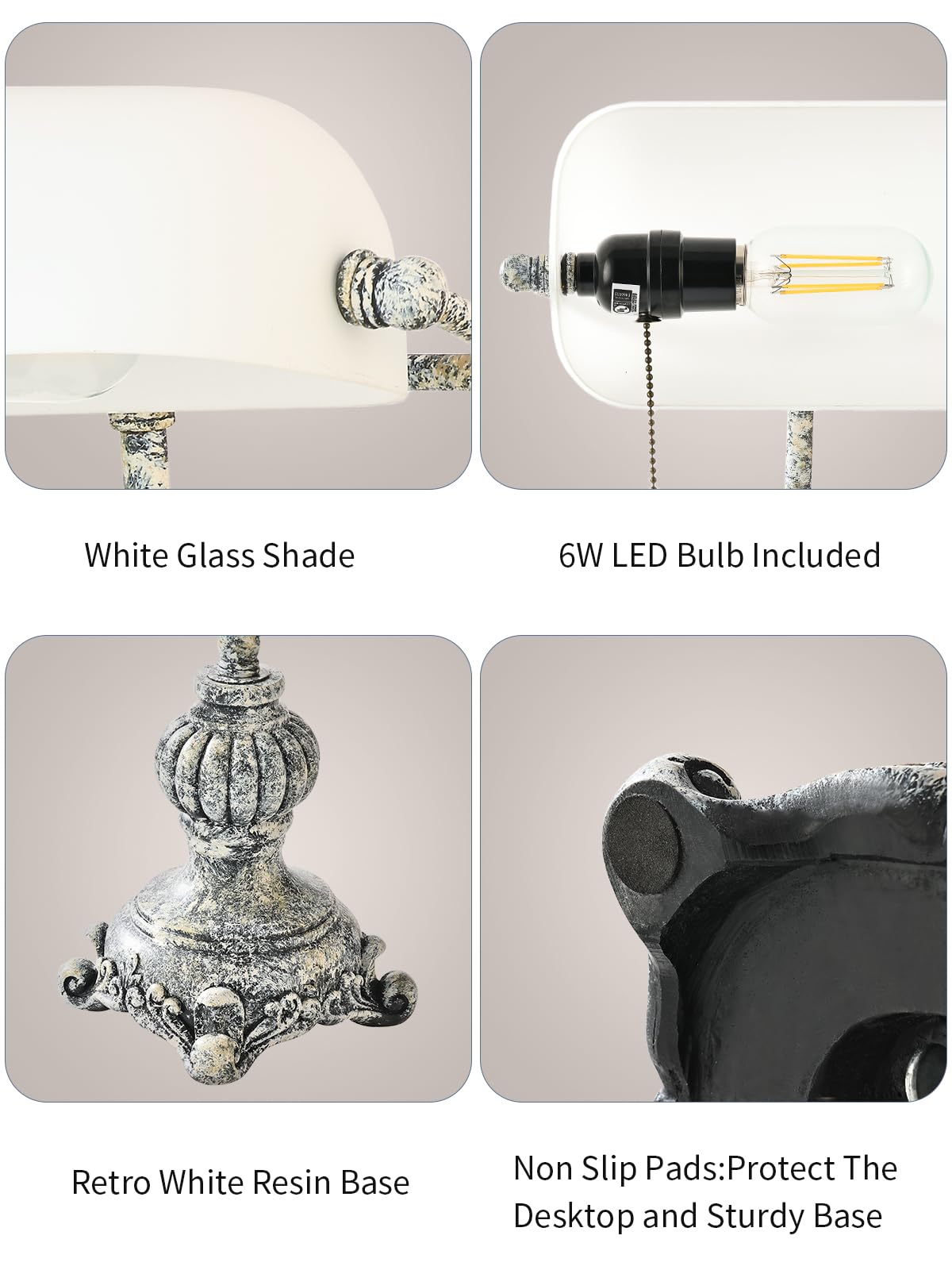 Retro White Mattglas Banker Schreibtischlampe für Home Office, Bibliothek mit Pull -Kettenschalter -Stecker, LED -Glühbirne enthalten