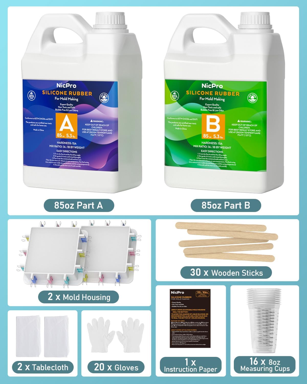 Nicpro 170oz Silicone Mold Making Kit 15A, Translucent Silicone Rubber, Non-Toxic Flexible & Food Safe Mold Kit, Mix Ratio 1:1 Casting Silicone for Resin with Frame Housing