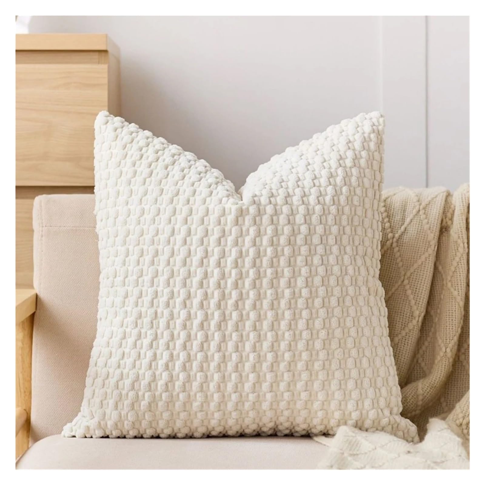 Housse de coussin en chenille beige 50x50 cm taie oreiller moderne double face