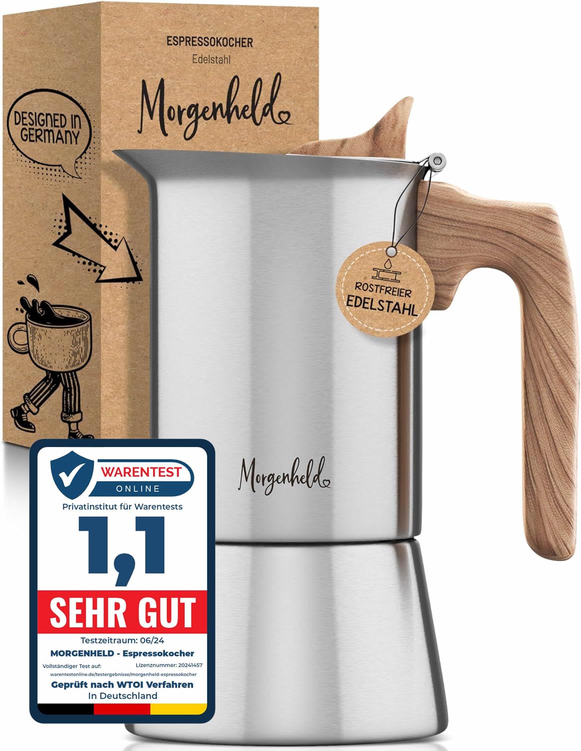 Morgenheld STYLE Espressokocher Edelstahl 6 Tassen (300 ml) – induktionsgeeignet, für alle Herdarten – Mokkakanne mit Spülmaschinen-Einsatz – auch für Camping & Outdoor
