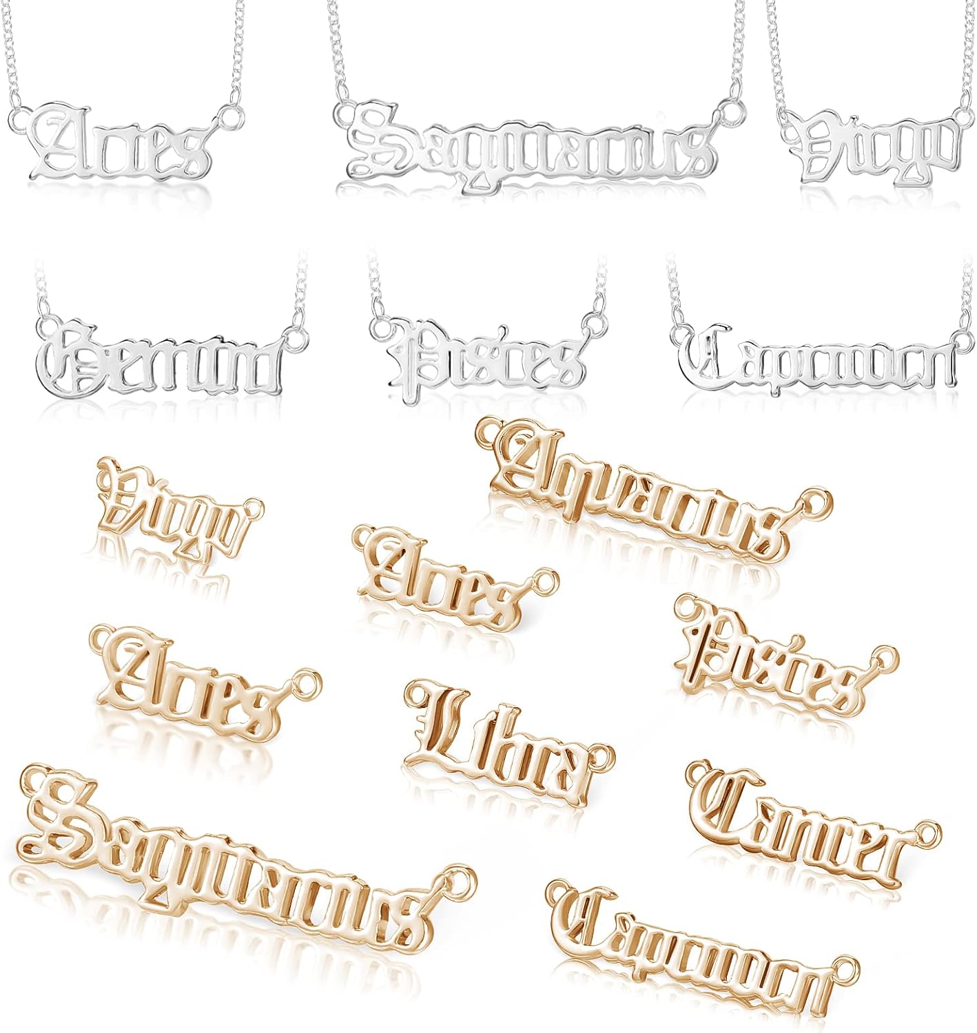 48 Piece Twelve Zodiac Sign Letter Charm Constellations Theme Word Pendant DIY for Jewelry, Necklace, Bracelet, Anklet Making (Silver, Gold)