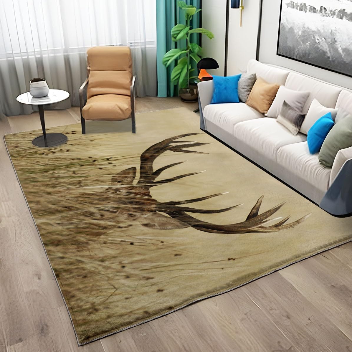 Teppich Wohnzimmer Kurzflor Moderner Tier Hirsch 160x230 cm Schlafzimmer Teppich Flauschiger Waschbar Teppich, Teppiche für Arbeitszimmer Büro Super Weich Anti-Rutsch - Braun