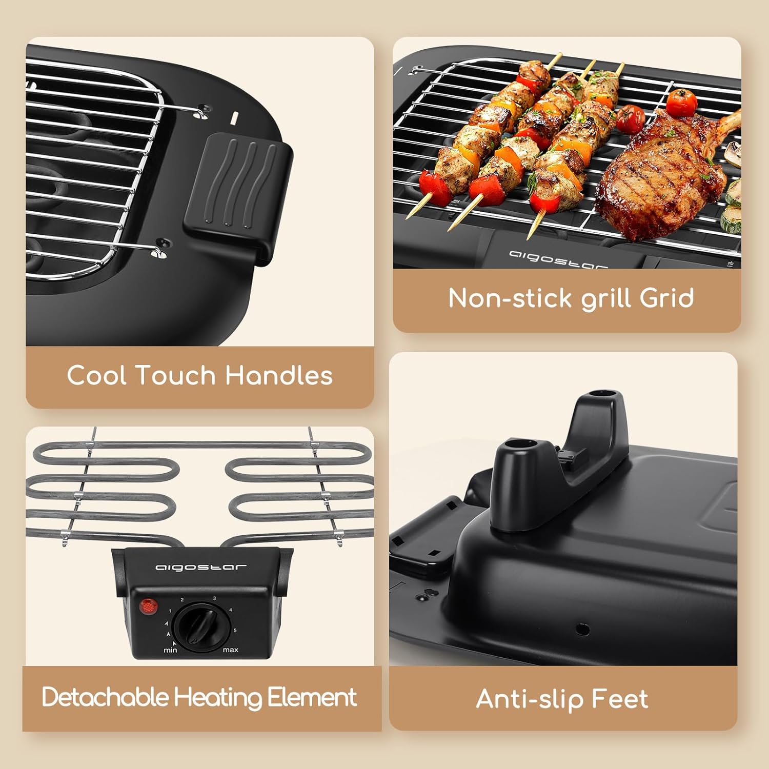 Close-up images of the Aigostar Electric Barbecue showing cool touch handles, non-stick grill grid, detachable heating element, and anti-slip feet.