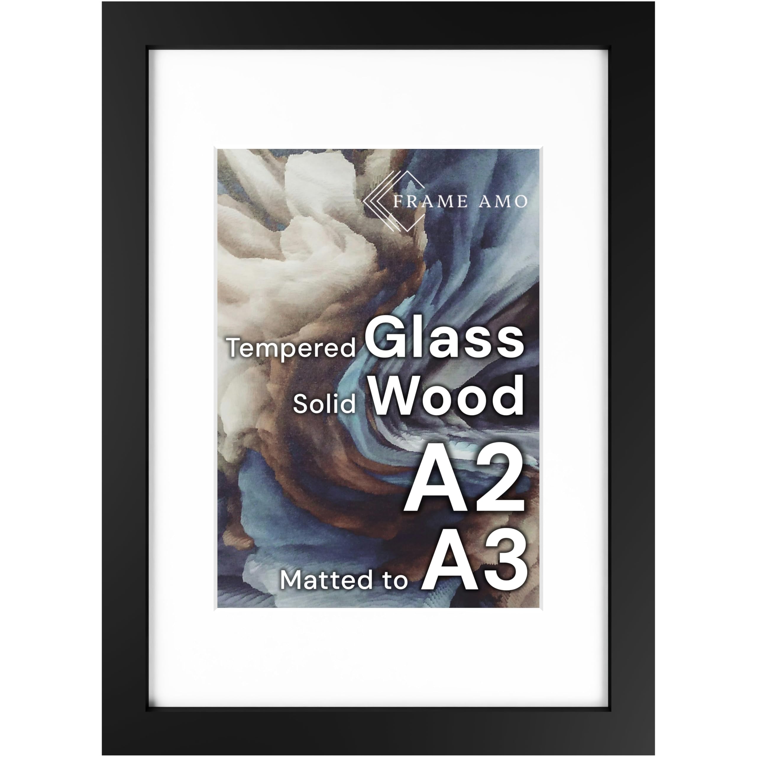 Frame Amo A2 16.5x23.4 Black Solid Wood Poster Frame, White Mat for A3 11.7x16.5 Image, Tempered Glass Front, 1.5 inch Wide, 1 inch Thick, High-End,