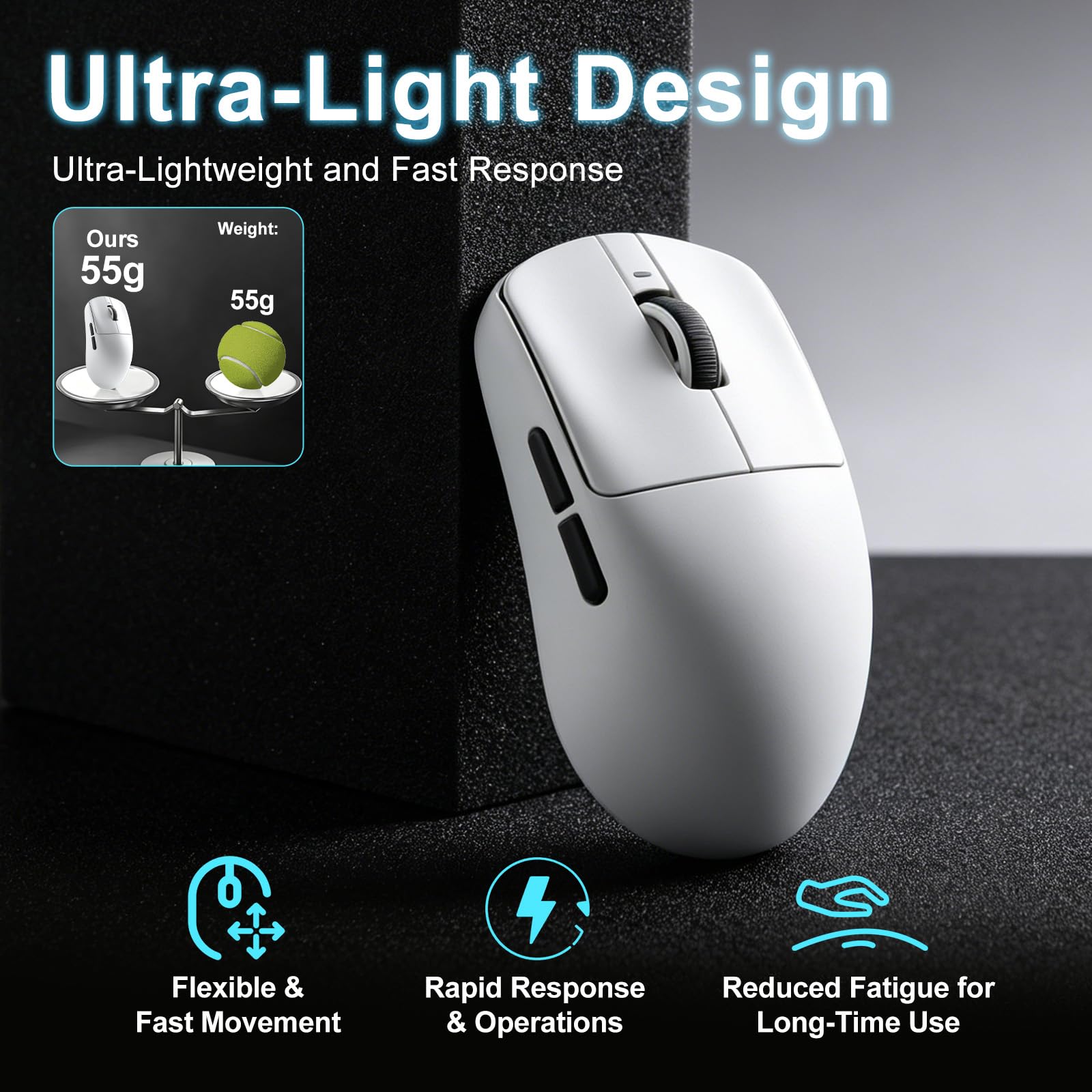 R1 SE+ Mouse da gioco wireless, 18000 DPI, sensore PAW3395SE ad alta precisione, leggero 55 g, tre modalità di connessione, mouse ergonomico programmabile, adatto per laptop/PC/Mac (bianco)