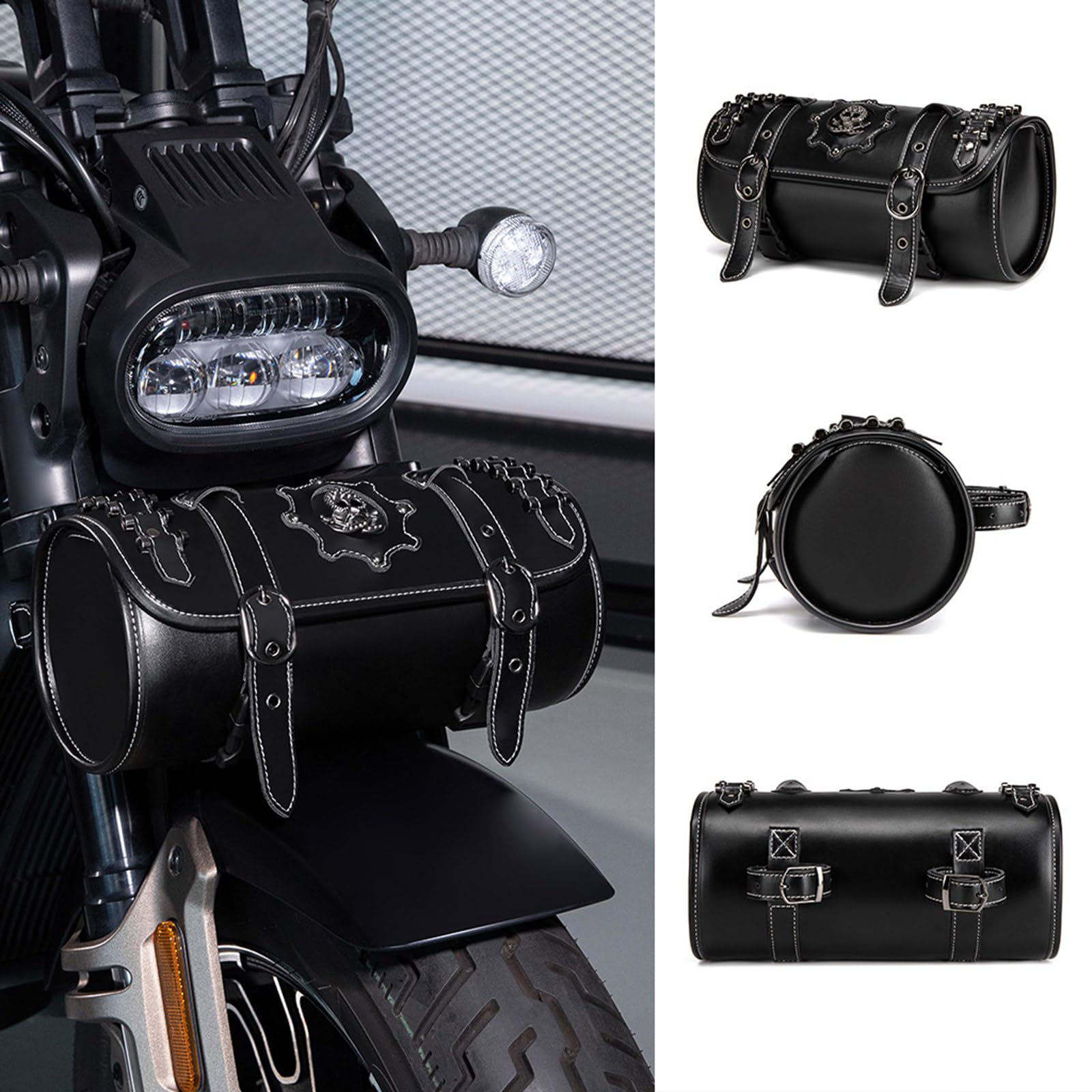 Sacoche de selle de moto Sac de rangement vintage pour outils Motif crâne en cuir PU Sacoche de fourche avant pour guidon Sacoche rétro