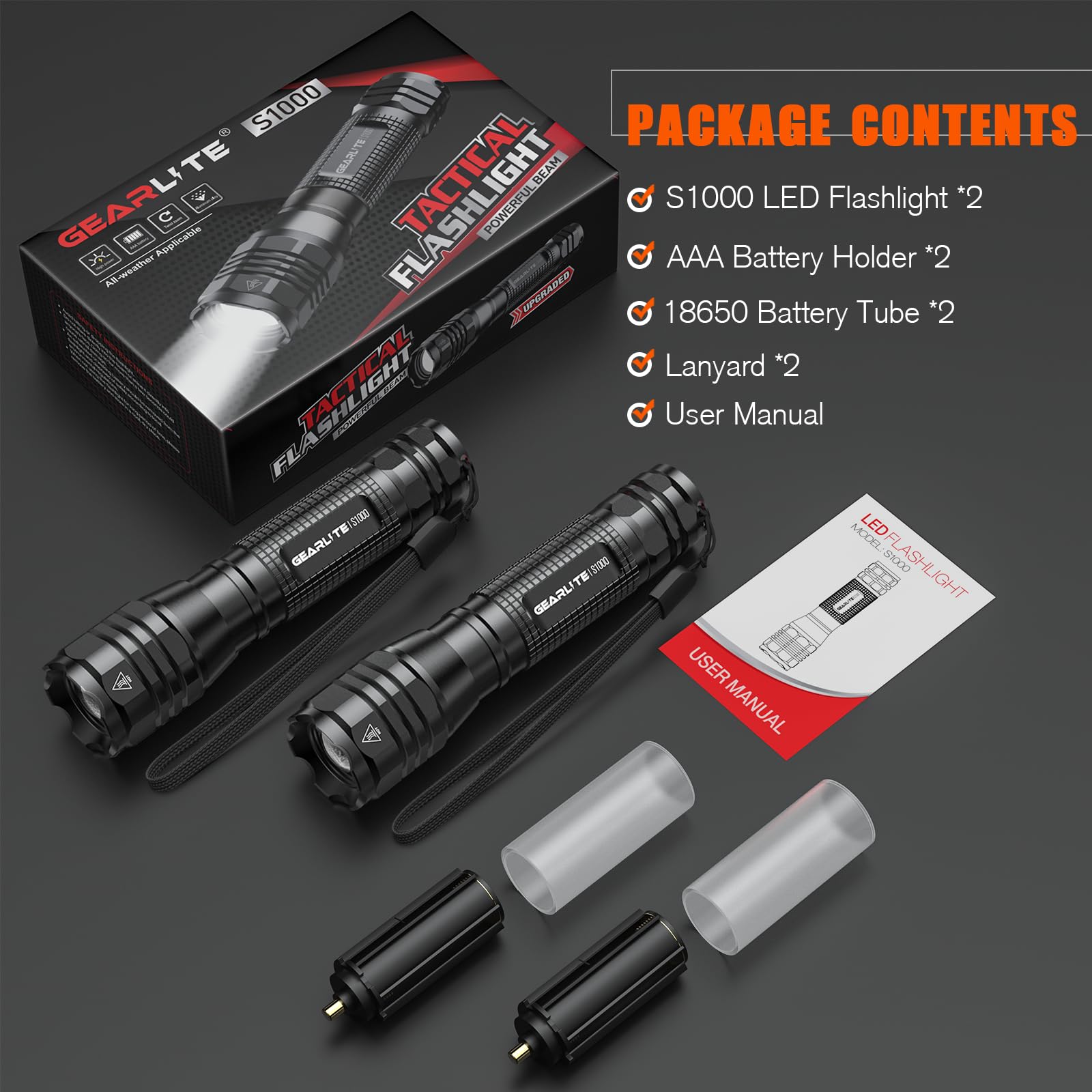 GEARLITE Linternas LED Alta Potencia Pilas, 2 Piezas Linterna Pequeña Potente de Aluminio de 4000 Lumenes con 5 Modos, Mini Linterna Impermeable IP65 con Zoom para Niños, Camping, Exteriores, Regalo