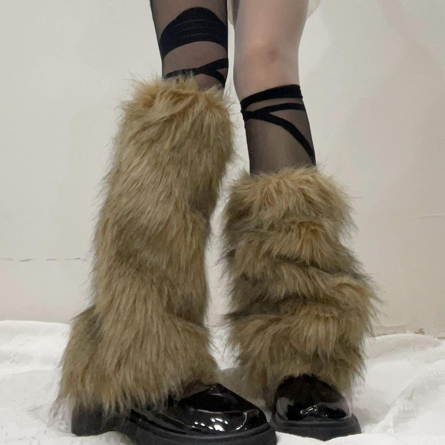 Faux Fur Fuzzy Leg Warmers for Women Viking Furry Long Boot Covers Cuffs with Strap Boot Sleeves Party Costume