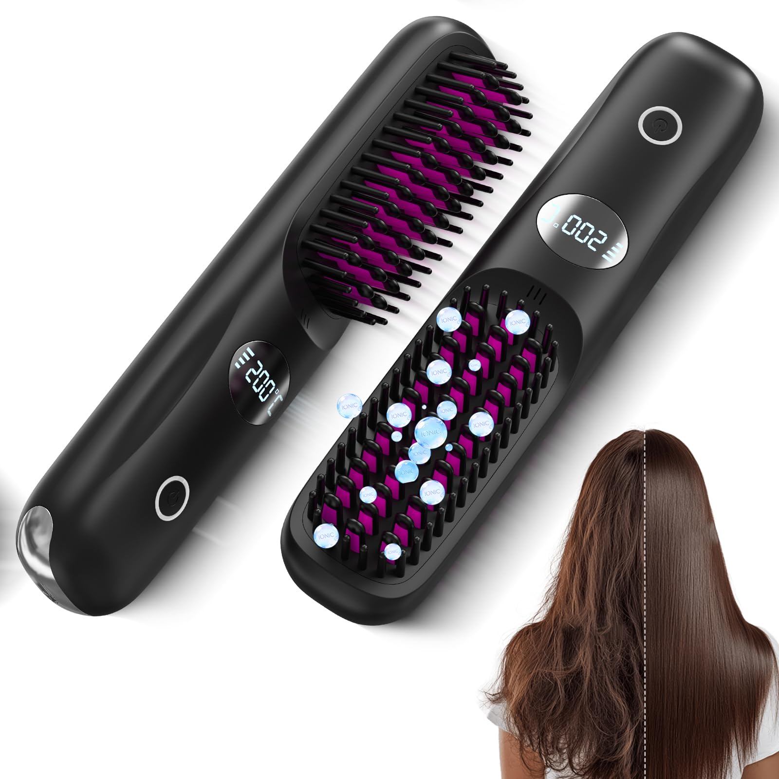 Go Brush Pro 2026 Negative Ionic Cordless Hair Straightener Brush Fast Heating Ceramic Brush for Women Portable Straightener Brush Smooth Frizz Free Hair Brush CP-S8