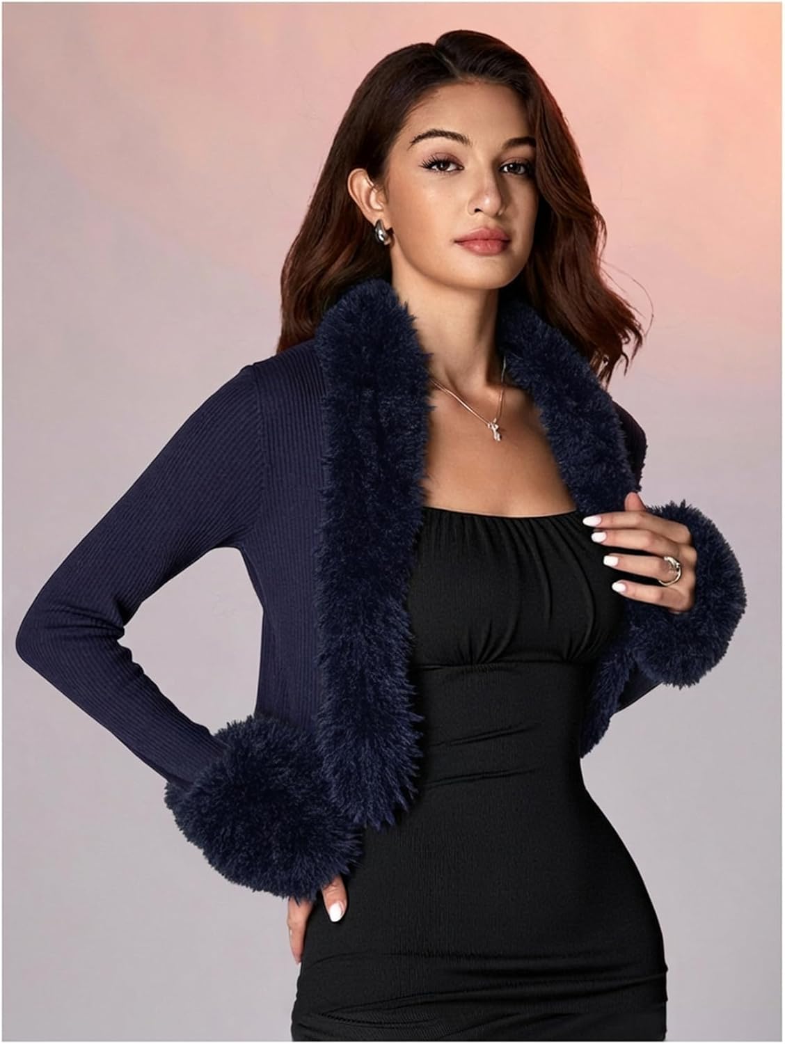 MakeMeChic Women's Faux Fur Open Front Coat Valentines Fuzzy Long Sleeve Crop Jacket Outerwear - Image 3