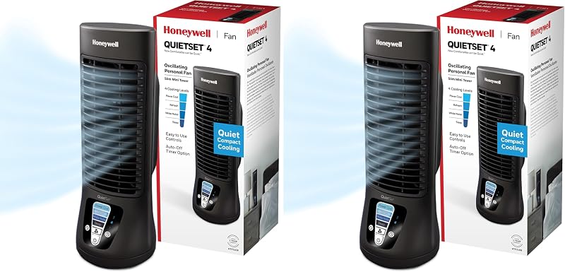QuietSet Personal Table Fan, Oscillating Personal Desk Fan For Bedroom with Quiet Operation, 4 Levels of Power and Sound, Black, HTF210B (Pack of 2)