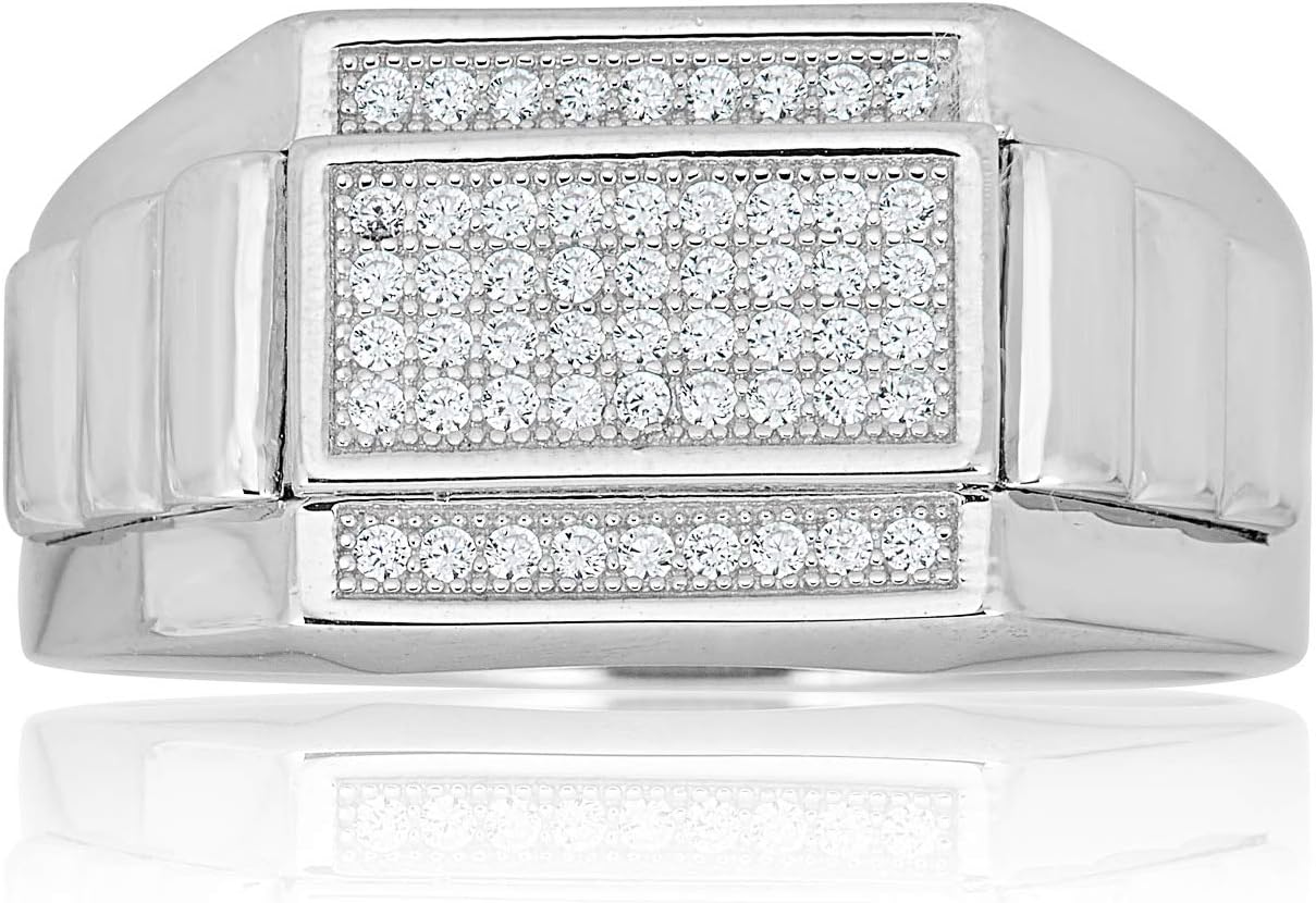 AVORA 925 Sterling Silver Simulated Diamond CZ Men's Rectangular Signet Fashion Ring