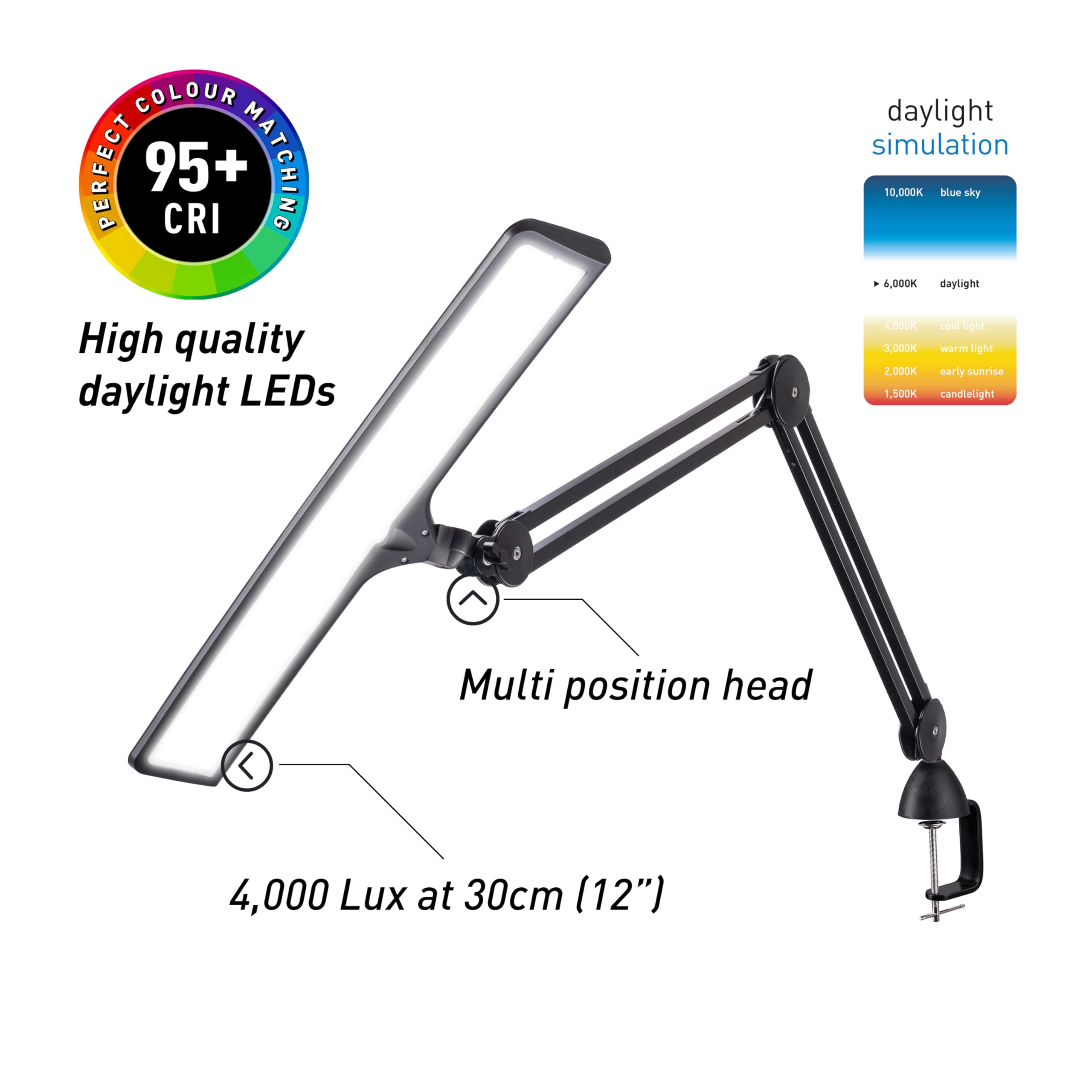 Daylight Lumi – Lámpara de Escritorio LED – 3800 Lux, 6000K, IRC 95+, Luz de Trabajo Ajustable para Lectura, Manualidades y Oficina, Lámpara Protección Visual, Negro