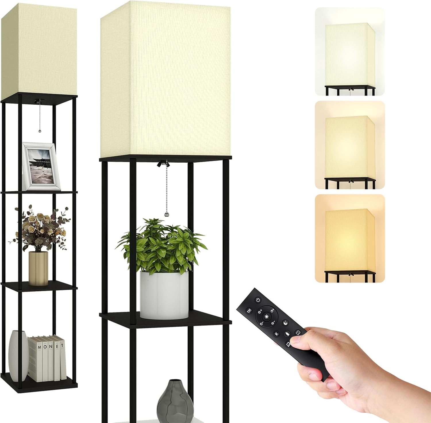 Floor Lamp with Shelves-Dimmable Shelf Floor Lamp with Remote Control,Include 3 Color Temperature E26 Bulb,Storage Display Column Standing Tall Lamp for Living Room, Bedroom, Office (Black)