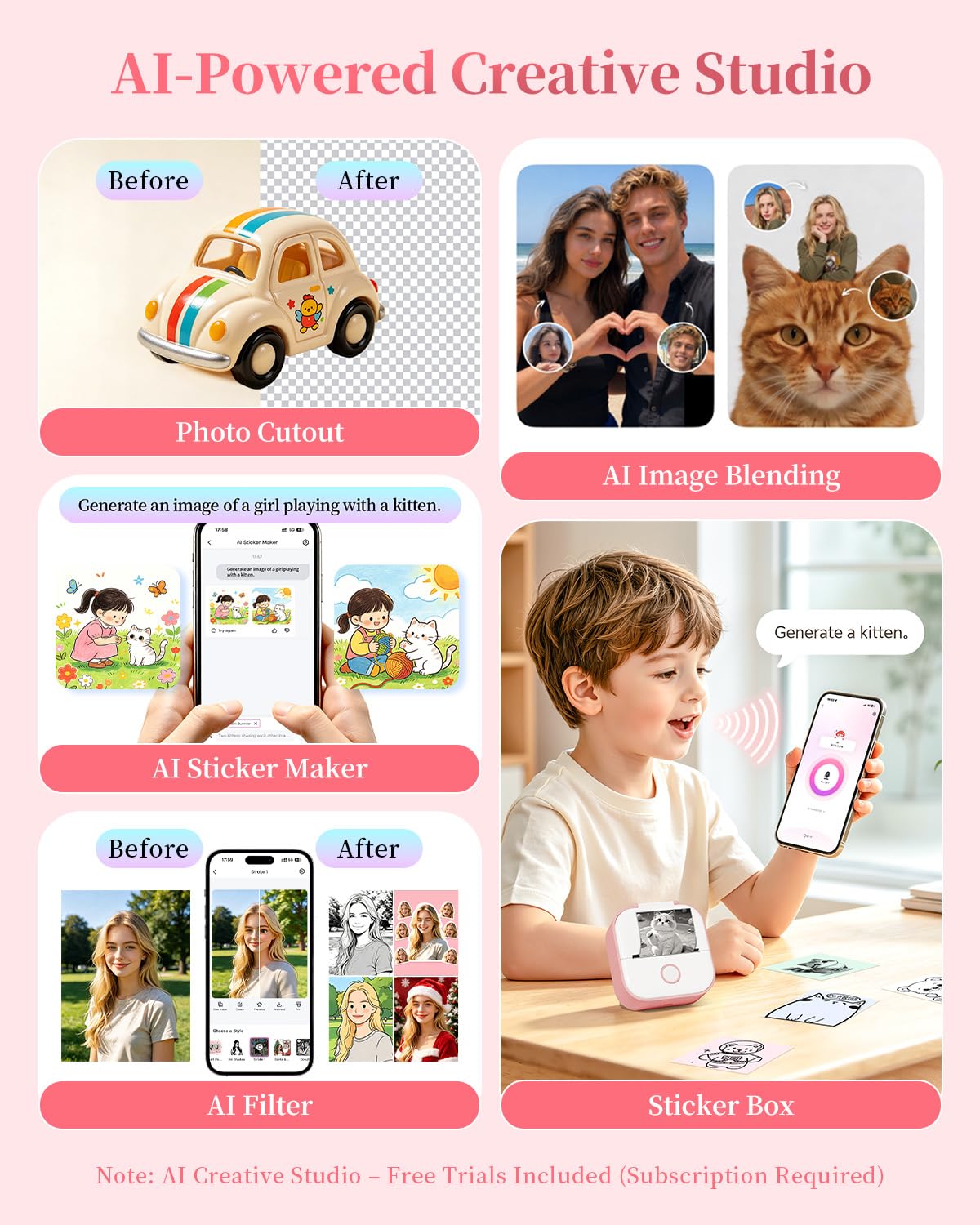 Adesiva Mini Stampante Termica con 6 Rotoli di Carta - T02 Stampante, Rosa | Portatile Bluetooth Sticker Printer per Studio, Note, Immagini, Foto, Diari, fai da te, Compatibile con Telefono e Tablet