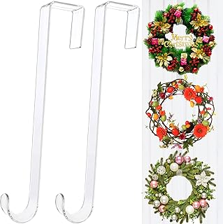 Wreath Hangers for Front Door,12 in Door Hanger Hook Clear Wreath Hanger,2 Pack Non Scratch Over The Door Hooks Fall Halloween Christmas Decorations Indoor Outdoor,Welcome Sign for Front Door Decor