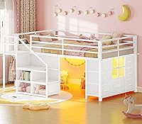BTHFST Twin Low Loft Bed with Stairs, RGB LED Lights, 7 Drawers, 3 Cubbies & Clothes Rail - Safe Kids Bed with Play Nook, White