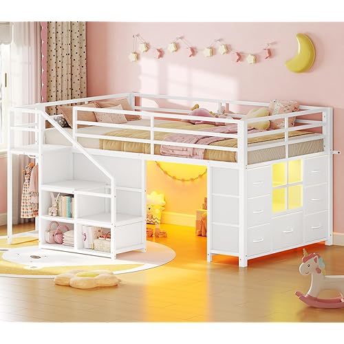 BTHFST Low Loft Bed with Stairs & LED Lights, Twin Loft Bed with 7 Storage Drawers & 3 Open Cubbies & Handy Clothes Rail, Kids Loft Bed with Safety Guardrail, Under-Bed Play Area, White